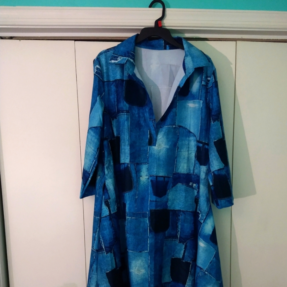 Jean print patchwork hi low dress with button up collar.